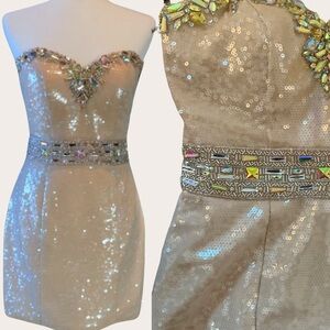 Vintage Strapless Sequined Mini Dress Beaded Nude 2 NWT